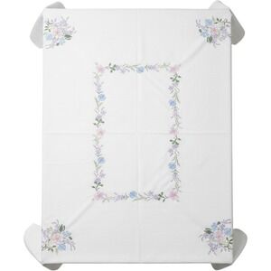 Vintage Floral Cross Stitch Embroidered White Rectangular Tablecloth Cottagecore